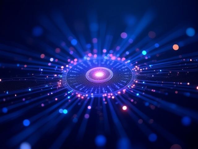 Abstract depiction of quantum computing, with glowing qubits interconnected in a complex network, against a dark, futuristic background.